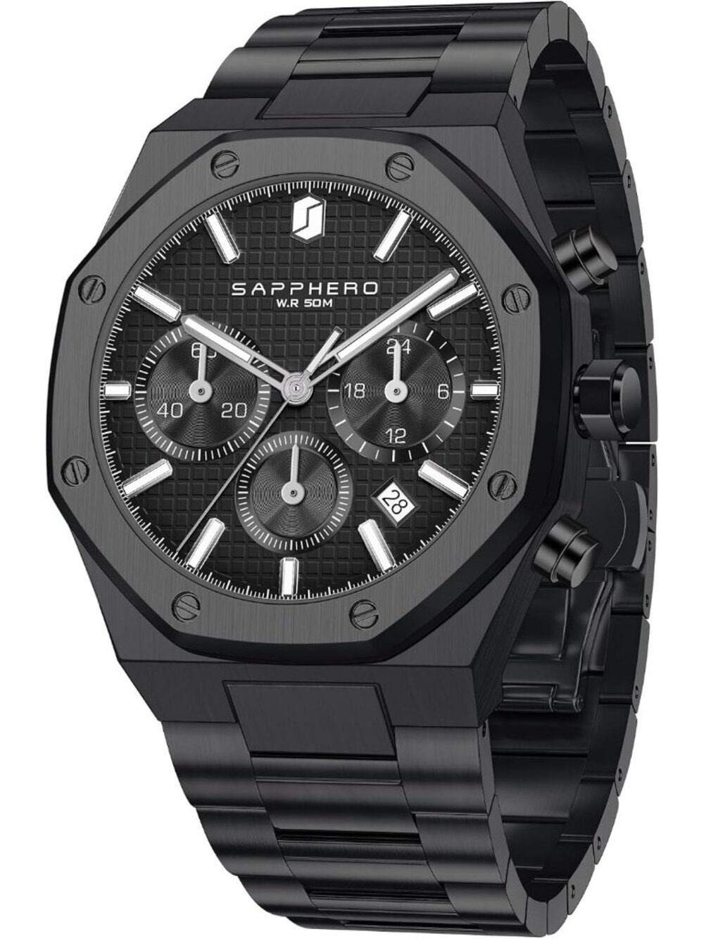 Men's Black Strap Black Face Stainless Steel Octagonal Date Quartz Wrist Watch